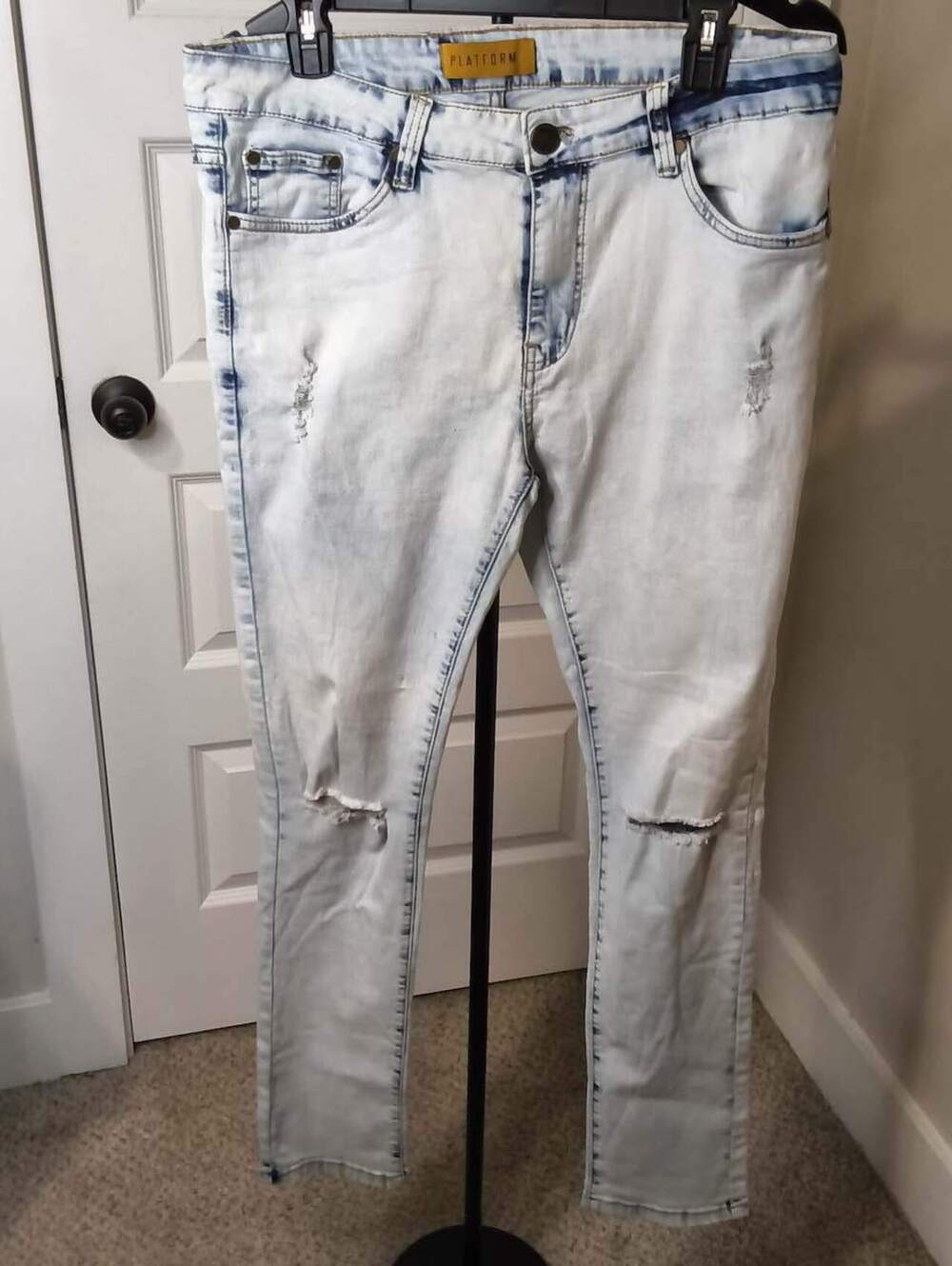 Mens Platform Light Wash Distressed Skinny Jeans Size 36/32